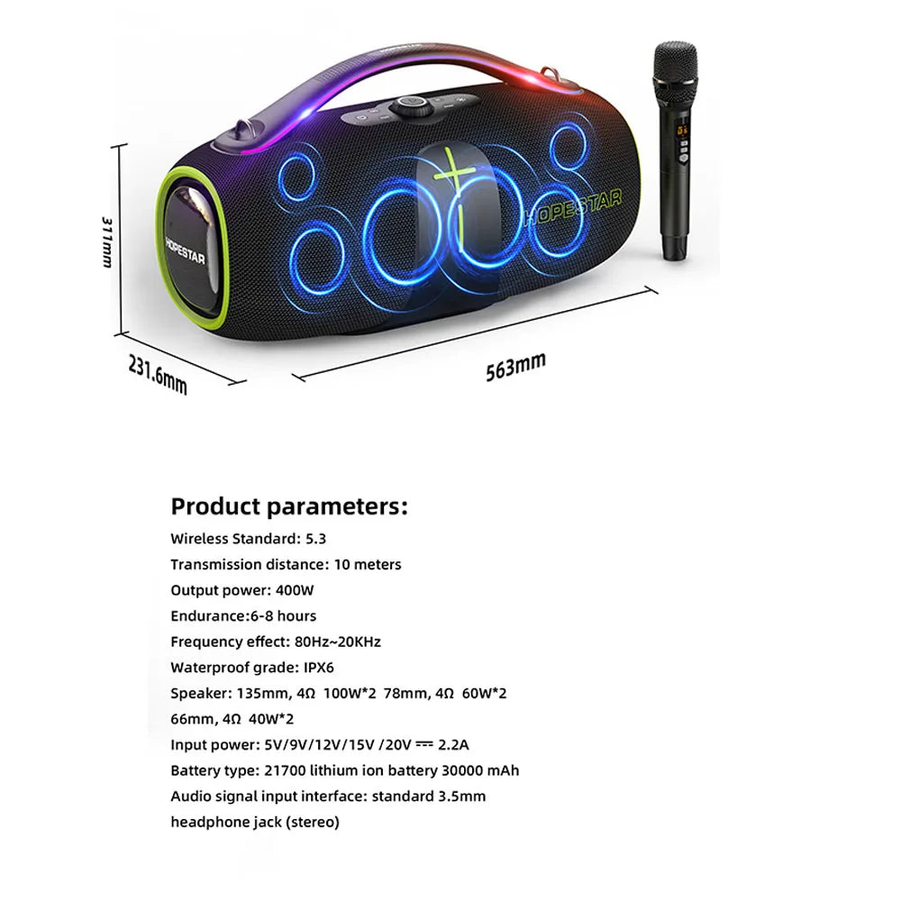 Factory HOPESTAR A85 Outdoor High Power 400W Wireless Blue Tooth Speaker Portable Waterproof IPX6 TWS Party Karaoke RGB  AUX