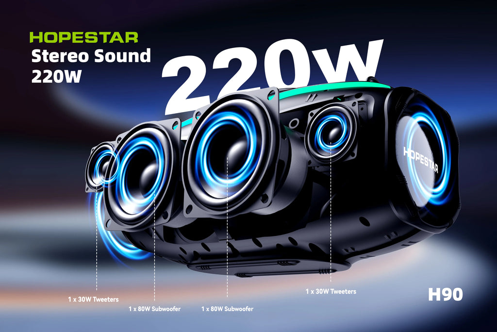 HOPESTAR H90 220W Portable Wireless Stereo Audio System Waterproof RGB for 5.3 Home Partybox Karaoke Subwoofer Speakers