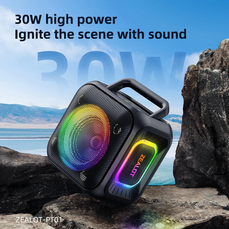 ZEALOT PT01 30W Portable Speaker with Lights Stereo Sound IPX6 Waterproof Speaker with Handle for Home, Party, Outdoor, Travel