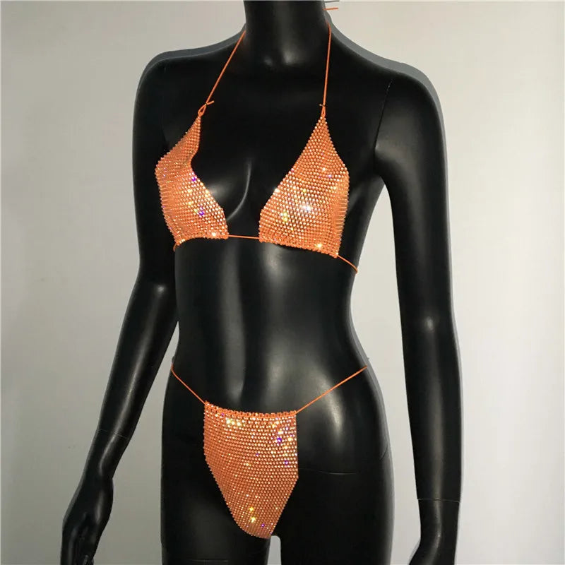 Bling Rhinestones Bra Panty Set Women Sexy Halter Bra Sexy Panty Two Piece Set Summer Beach Outfits Party Club Matching Sets