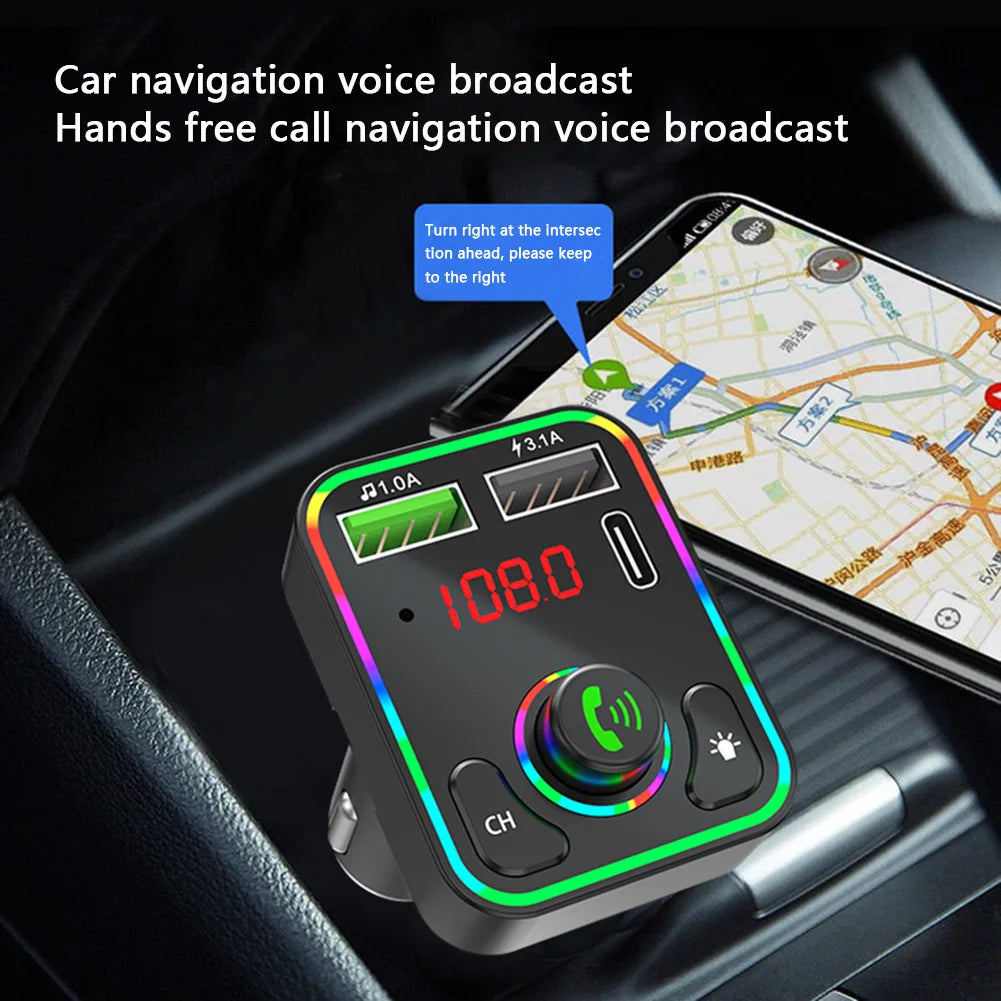 2026 New Dropshipping F3 Car BT FM Transmitter Colorful LED Backlight Hands Free Car Kit Charger TF Card MP3 Player USB C PD