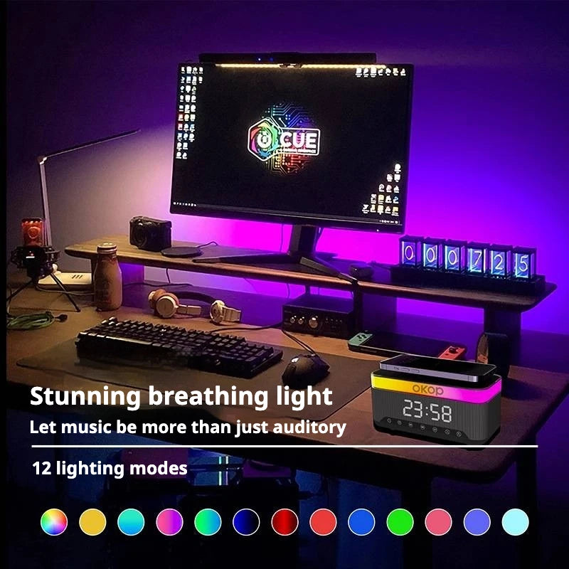 OKOP559 wholesale 15W Wireless Charging Alarm Clock RGB Ambient Light White Noise  Speaker Computer Mobile Phone home