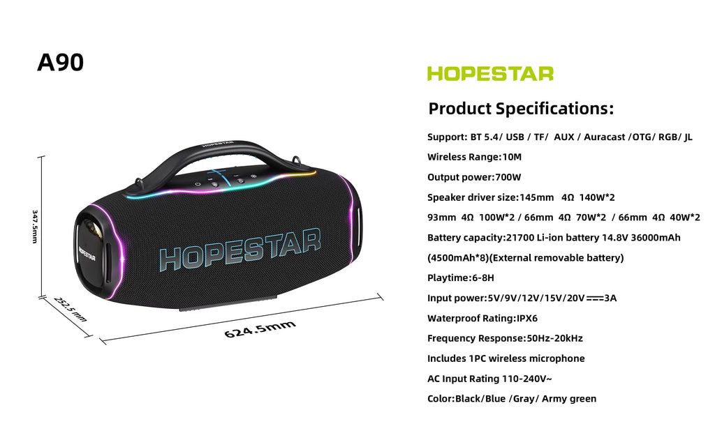 2026 New Hopestar A90 700W Portable Outdoor Karaoke Speaker 1 Microphone 36000mAh Battery RGB LED Light BT5.4 IPX6 6.1 Channel