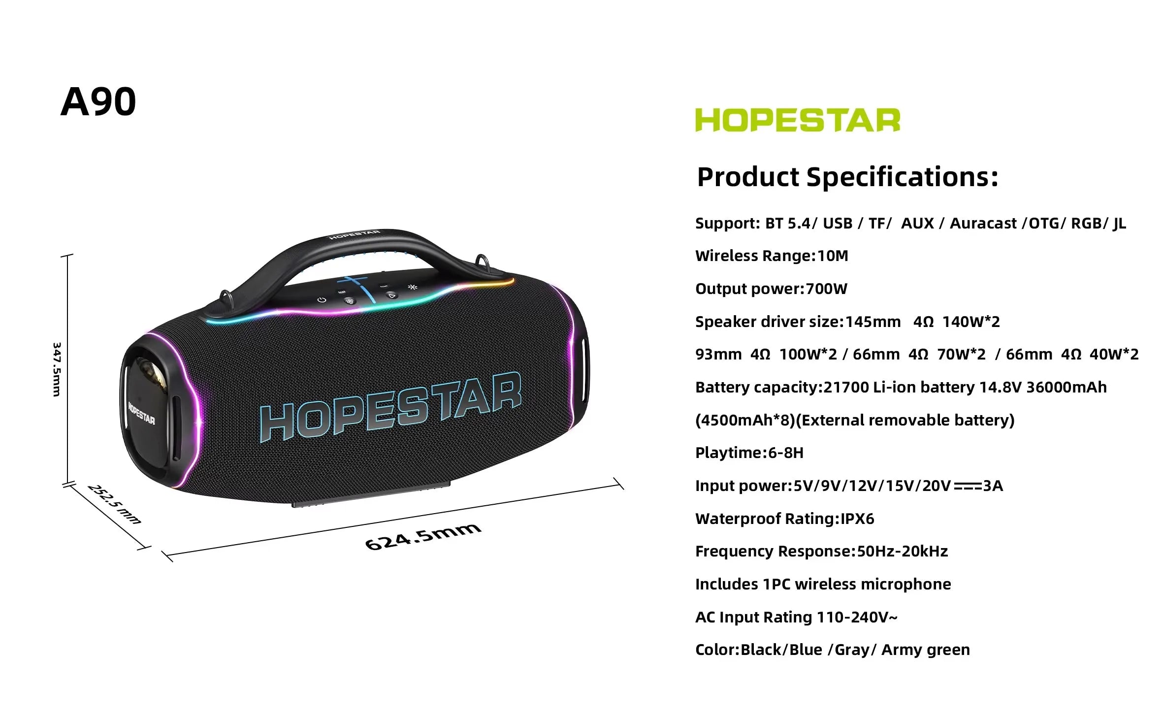 2026 New Hopestar A90 700W Portable Outdoor Karaoke Speaker 1 Microphone 36000mAh Battery RGB LED Light BT5.4 IPX6 6.1 Channel