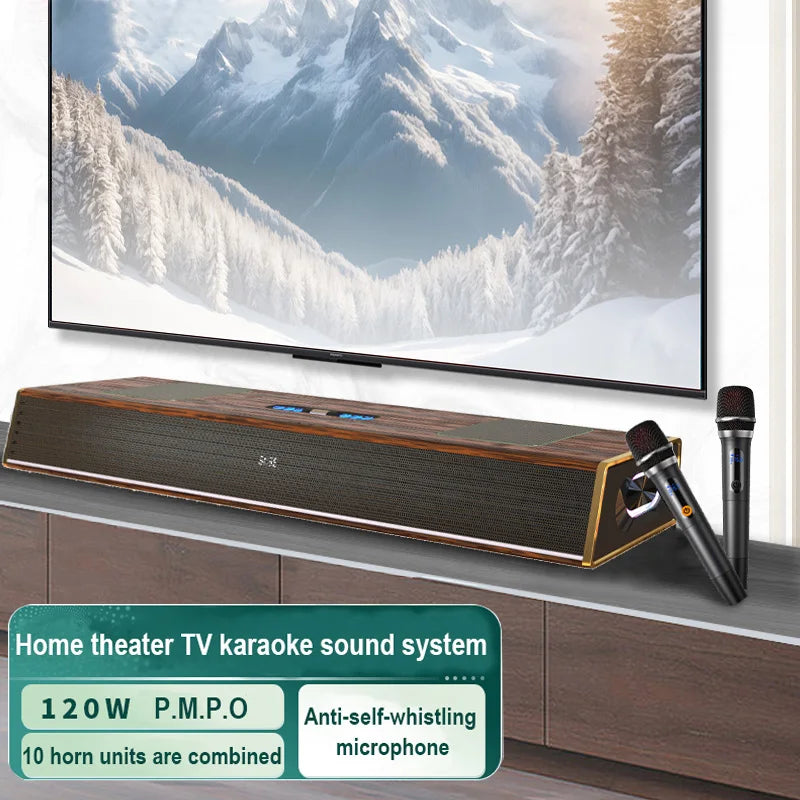 2.1CH for Bluetooth Home Karaoke Theater System Family-friendly with Built-in Subwoofer & Wireless Wood & Plastic Microphone