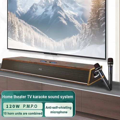 2.1CH for Bluetooth Home Karaoke Theater System Family-friendly with Built-in Subwoofer & Wireless Wood & Plastic Microphone