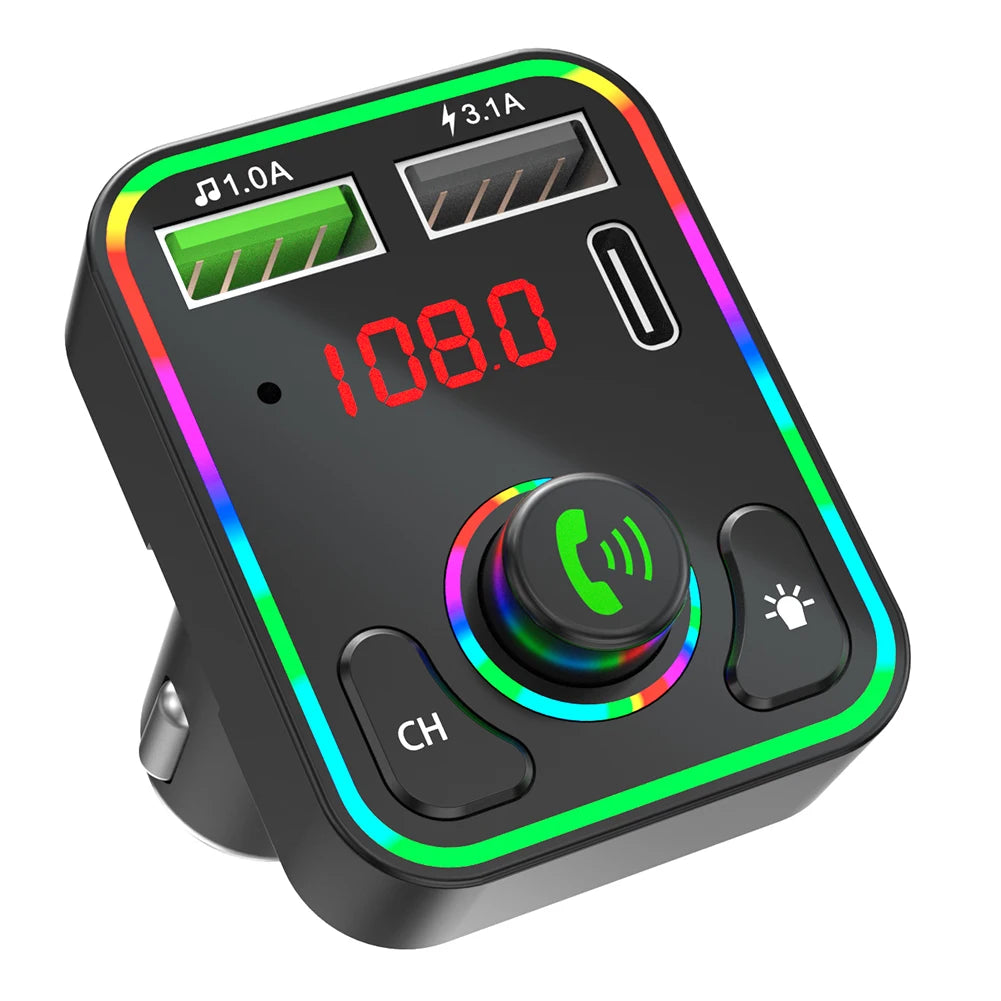2026 New Dropshipping F3 Car BT FM Transmitter Colorful LED Backlight Hands Free Car Kit Charger TF Card MP3 Player USB C PD