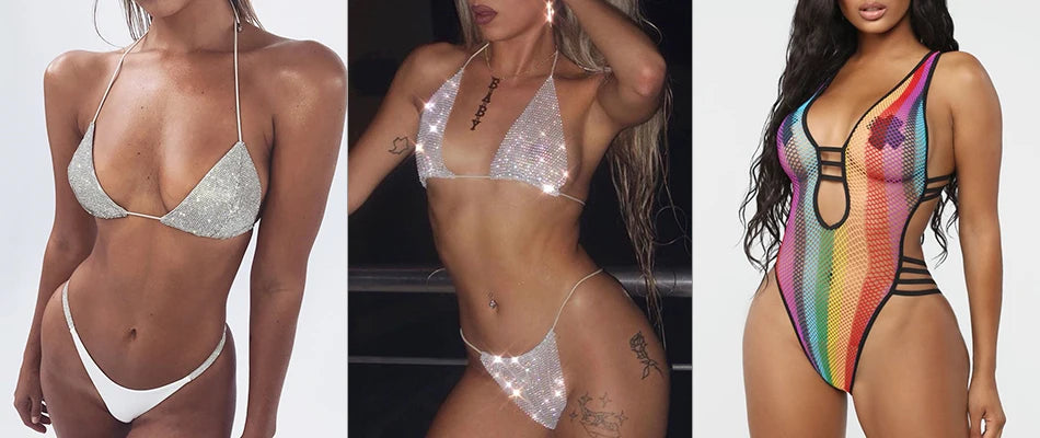 Bling Rhinestones Bra Panty Set Women Sexy Halter Bra Sexy Panty Two Piece Set Summer Beach Outfits Party Club Matching Sets