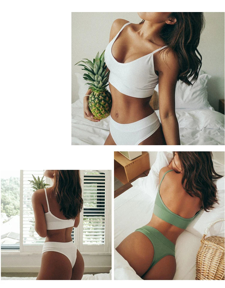 CINOON Women Seamless Bra Set Sexy Thong Low Waist Panties Wire Free Bra Bralette Lingerie Brassiere Cotton Female Underwear Set