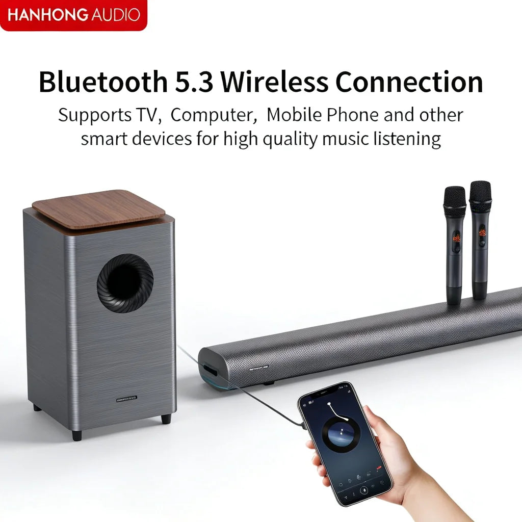 High Fidelity Wooden Subwoofer Audio System HDMI ARC Bluetooth 5.3 Soundbar with 4 EQ Modes 3D Surround Sound Speaker