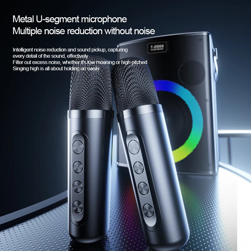 Portable Bluetooth speaker, Karaoke machine, 30W, Super LED RGB lighting effect, with 2 wireless microphones and 5 sound effects