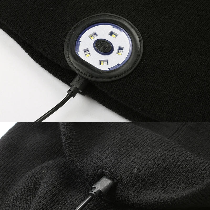 Warm Beanie Bluetooth 5.0 LED Hat Wireless Stereo Headset Music Player with MIC for Handsfree Support Dimming Rechargeable