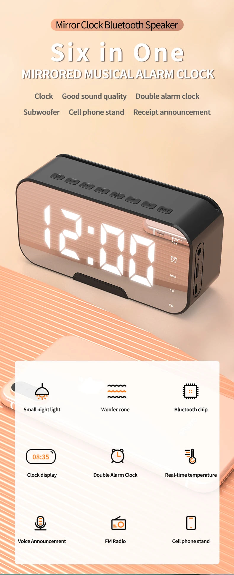 Portable for Bluetooth 5.2 Smart Alarm Clock Speaker LED Mirror with FM Radio Adjustable Home Computer Phone Holder