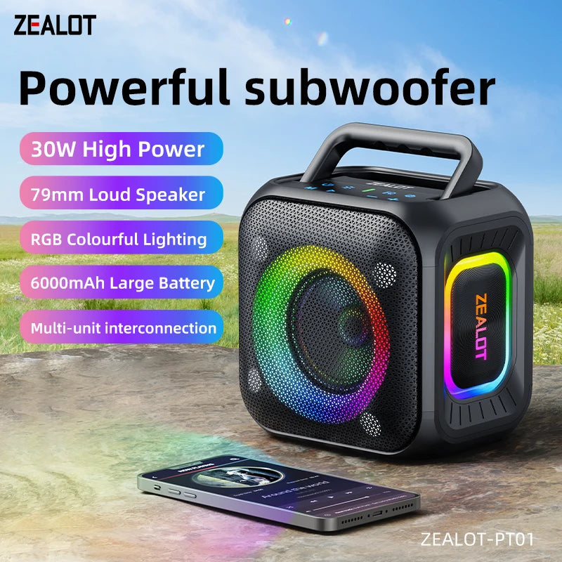 ZEALOT PT01 30W Portable Speaker with Lights Stereo Sound IPX6 Waterproof Speaker with Handle for Home, Party, Outdoor, Travel