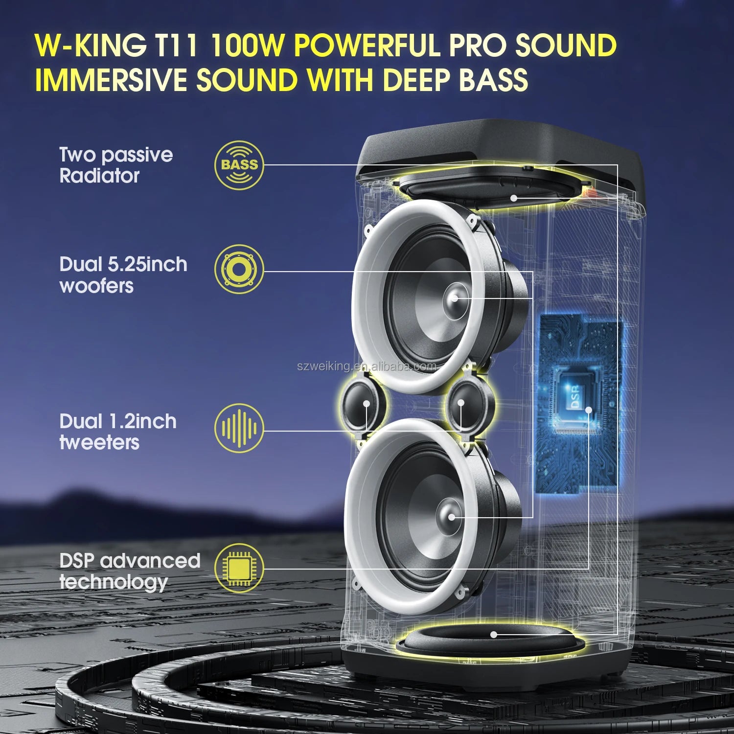 W-KING T11 5.25 Inches Stereo Portable Professional Wireless Big Speakers Outdoor DJ Bluetooth Party Speaker With LED Light