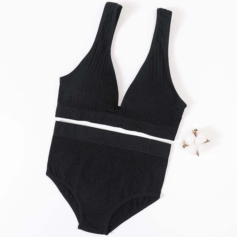 Women's Underwear Set Seamless Bra And Panties Set Female Wirefree Brassiere Sports High Waist Briefs V Neck Sexy Lingerie