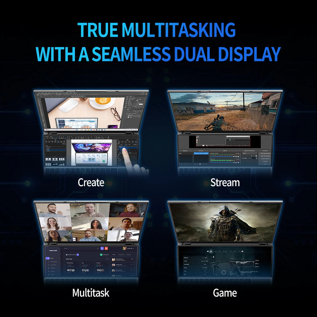 Topton 16 Inch IPS + 14'' Touch Dual Screen Gaming Laptop I7 9750H Max 64GB 4TB Slim Gamer Notebook Office Design Computer PC