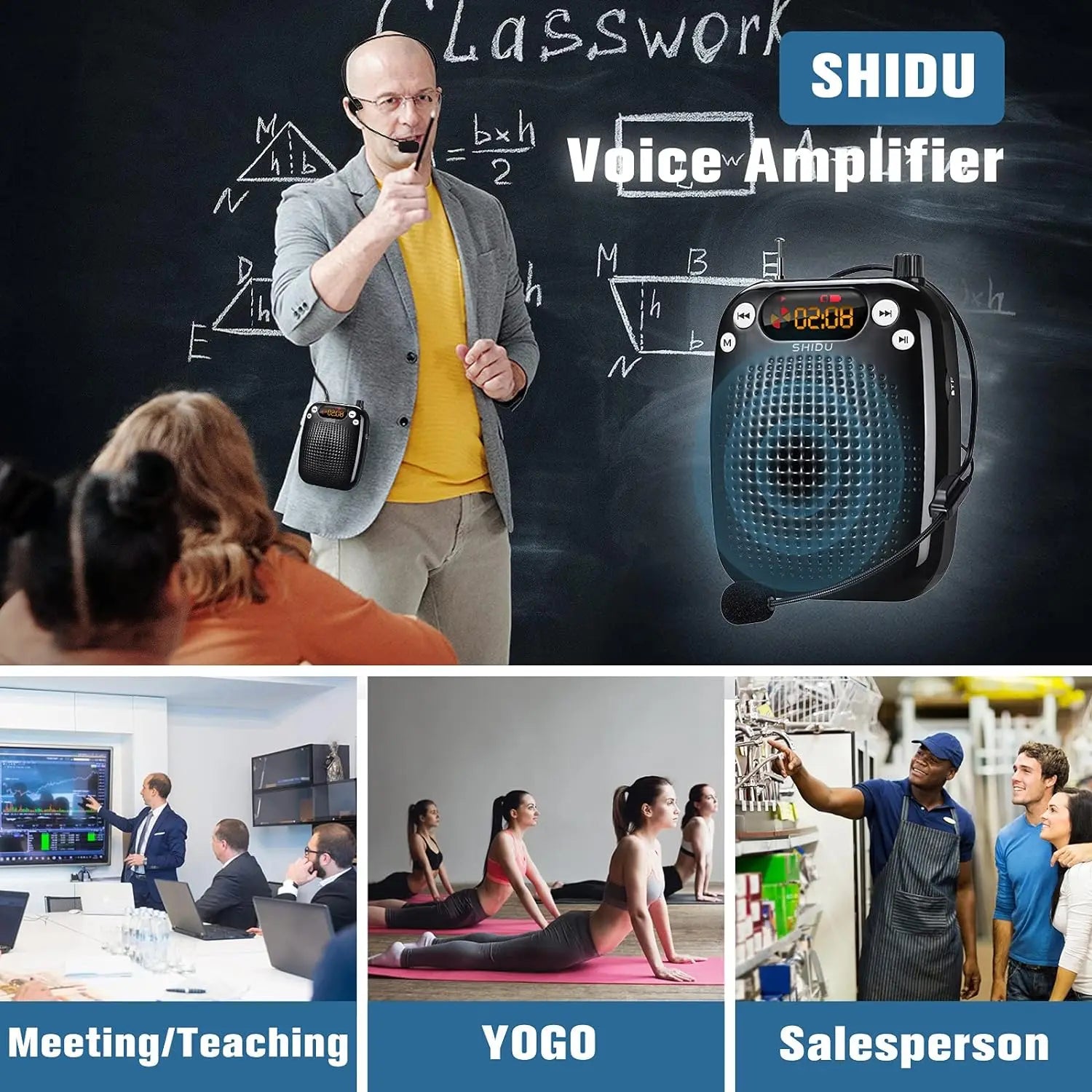 SHIDU 10W Rechargeable Mini PA Speaker System Clip on Collar Wireless Lavalier Microphone Bluetooth Portable Voice Amplifier