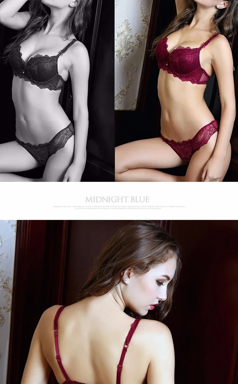 Fashion Red Lace Bra And Panty Sets For Women Thick Cotton Underwire Push Up Bras Underwear Female Sexy Lingerie Set A B C Cup