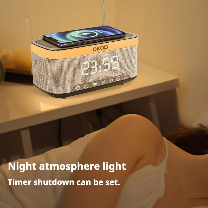 OKOP559 wholesale 15W Wireless Charging Alarm Clock RGB Ambient Light White Noise  Speaker Computer Mobile Phone home