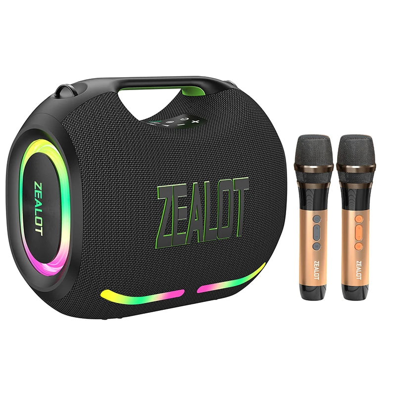 ZEALOT 120W High-Power Waterproof Party Speaker with RGB LED Lighting & 2 Microphones for Home & Corporate Events ZE01