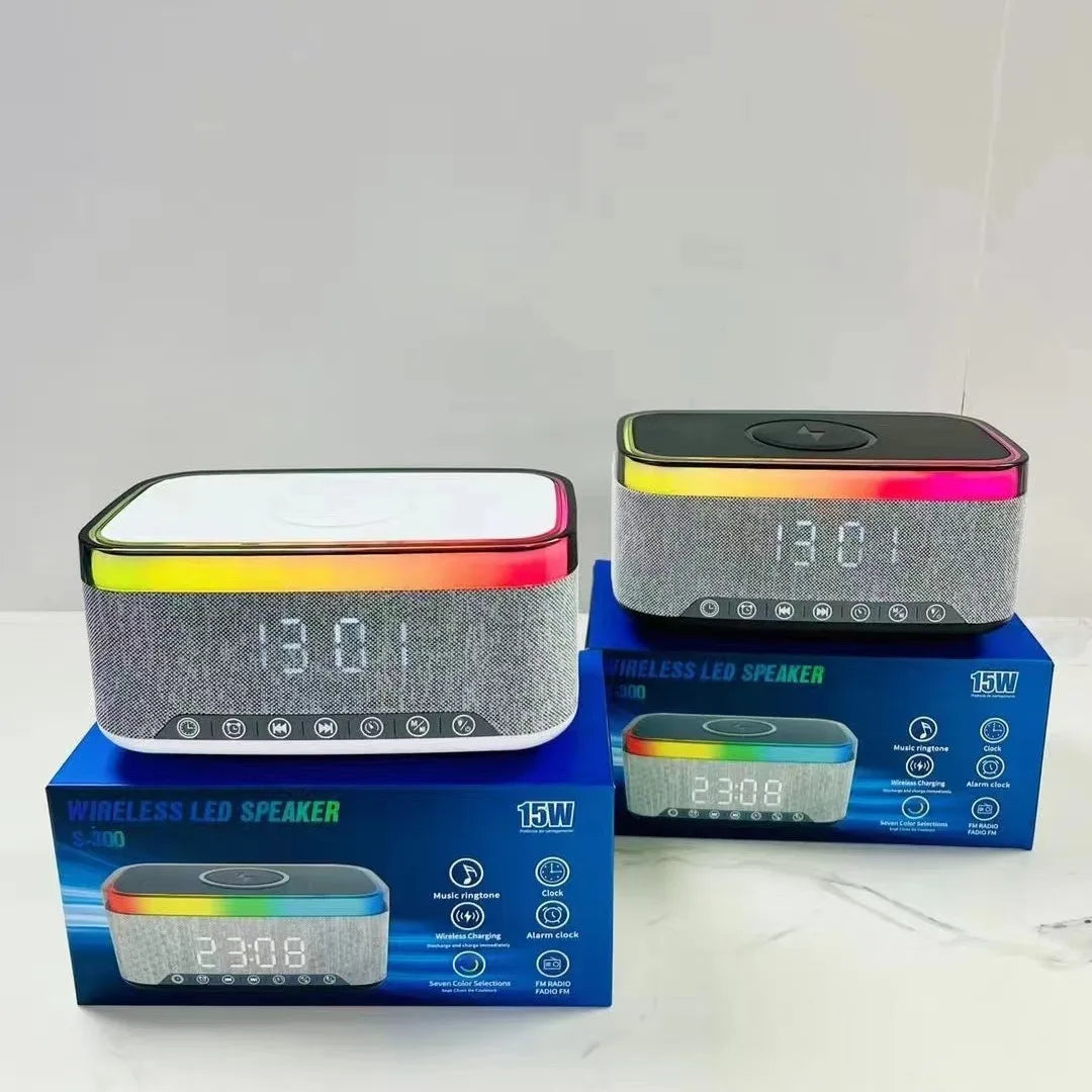 High 10W Battery-Powered Wireless Charger for Bluetooth 5.3 Speaker RGB LED Lighting Card FM Alarm Clock Display Home Theatre