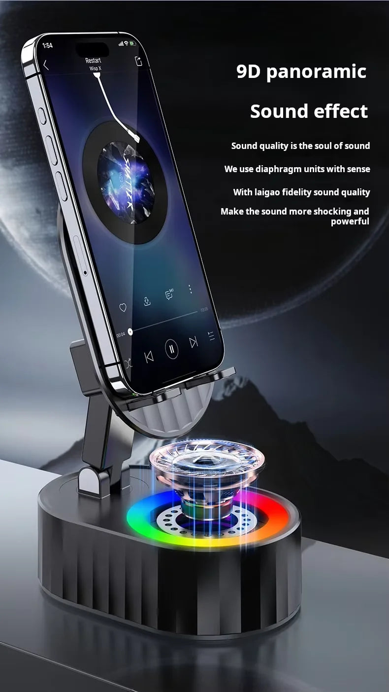 Multi-functional  Induction BT Speaker Rechargeable RGB LED Light 360° Rotation Foldable Phone Stand Speaker with Power Bank