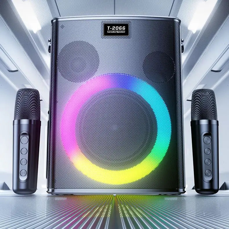 Bluetooth speaker, Karaoke machine, 30W, super colorful LED RGB lighting effect, with 2 wireless microphones and 5 sound effects