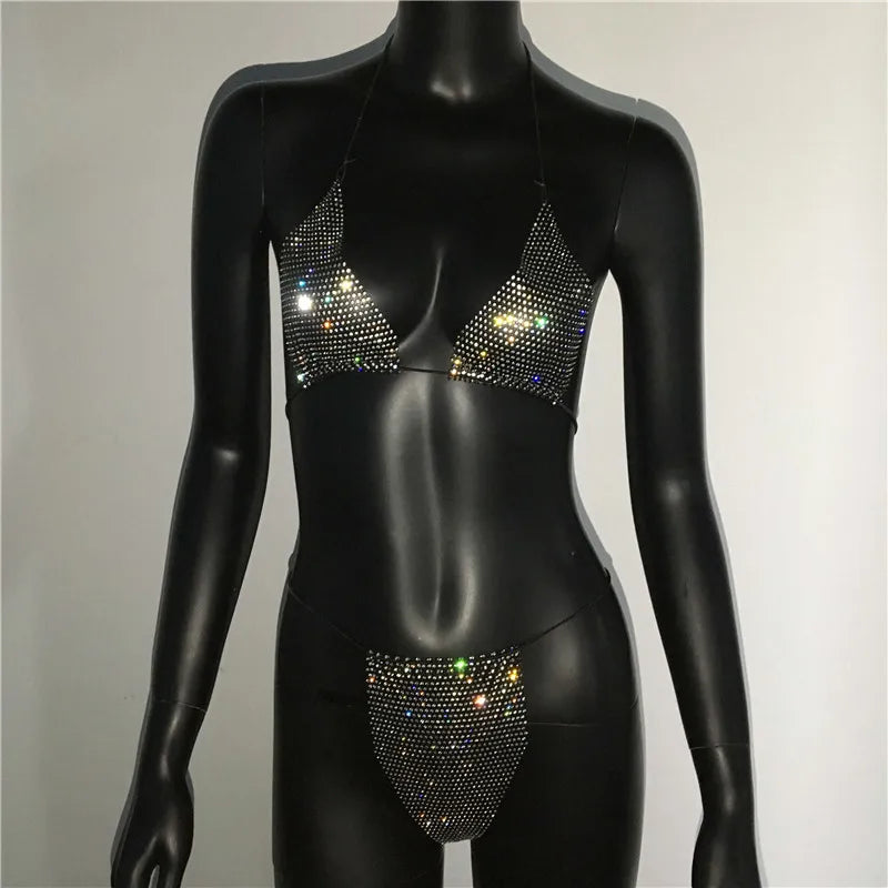 Bling Rhinestones Bra Panty Set Women Sexy Halter Bra Sexy Panty Two Piece Set Summer Beach Outfits Party Club Matching Sets