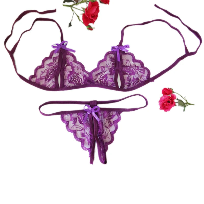 Women Lingerie Porno Lace Push Up Bra Set Seamless Underwear Set Cup AB Translucent Bandage Open Cup Bra And Porno Panty Set