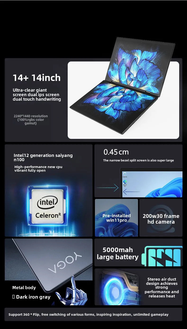 2025 Hot Selling Brand New TouchYoga Professional Portable Gaming Laptop 2-in-1 14+14 Dual Touch Screens Intel Metal English