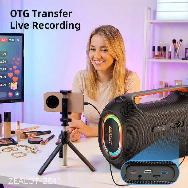 ZEALOT ZE41 250W Portable Speaker IPX6 Waterproof Speaker with RGB Light, OTG, EQ, APP, Powerful Bass Outdoor Speaker for Party