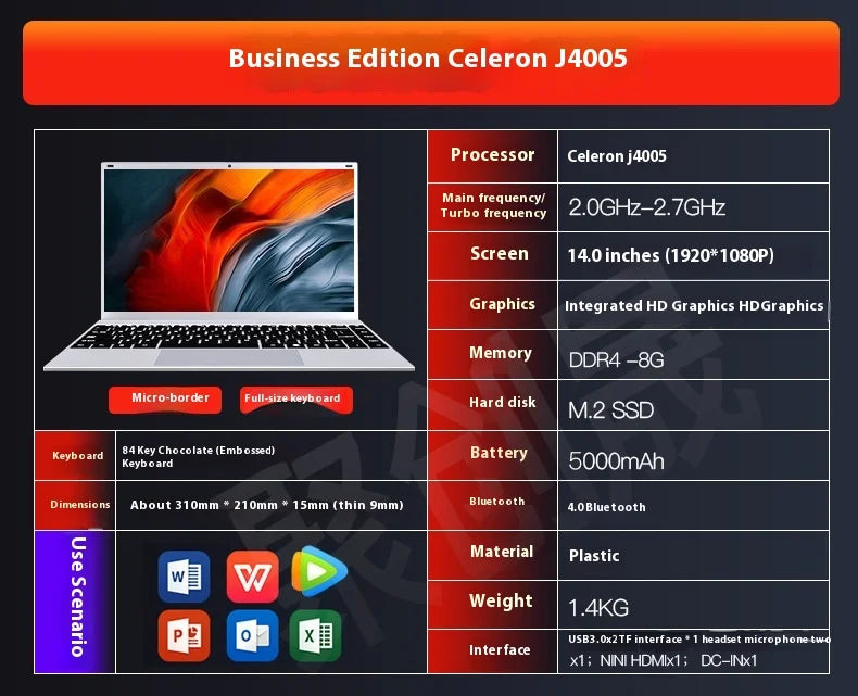 Best Selling 2025 14-Inch Business Office Laptop with Intel N3350 Processor 1TB SSD IPS Panel Camera CN Plug DUAL FAN Cooling