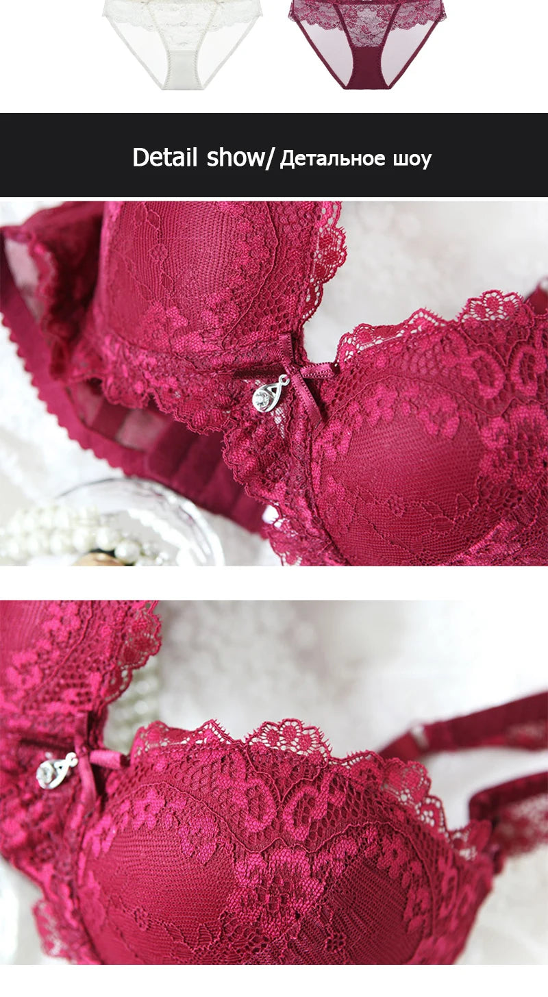 Fashion Red Lace Bra And Panty Sets For Women Thick Cotton Underwire Push Up Bras Underwear Female Sexy Lingerie Set A B C Cup