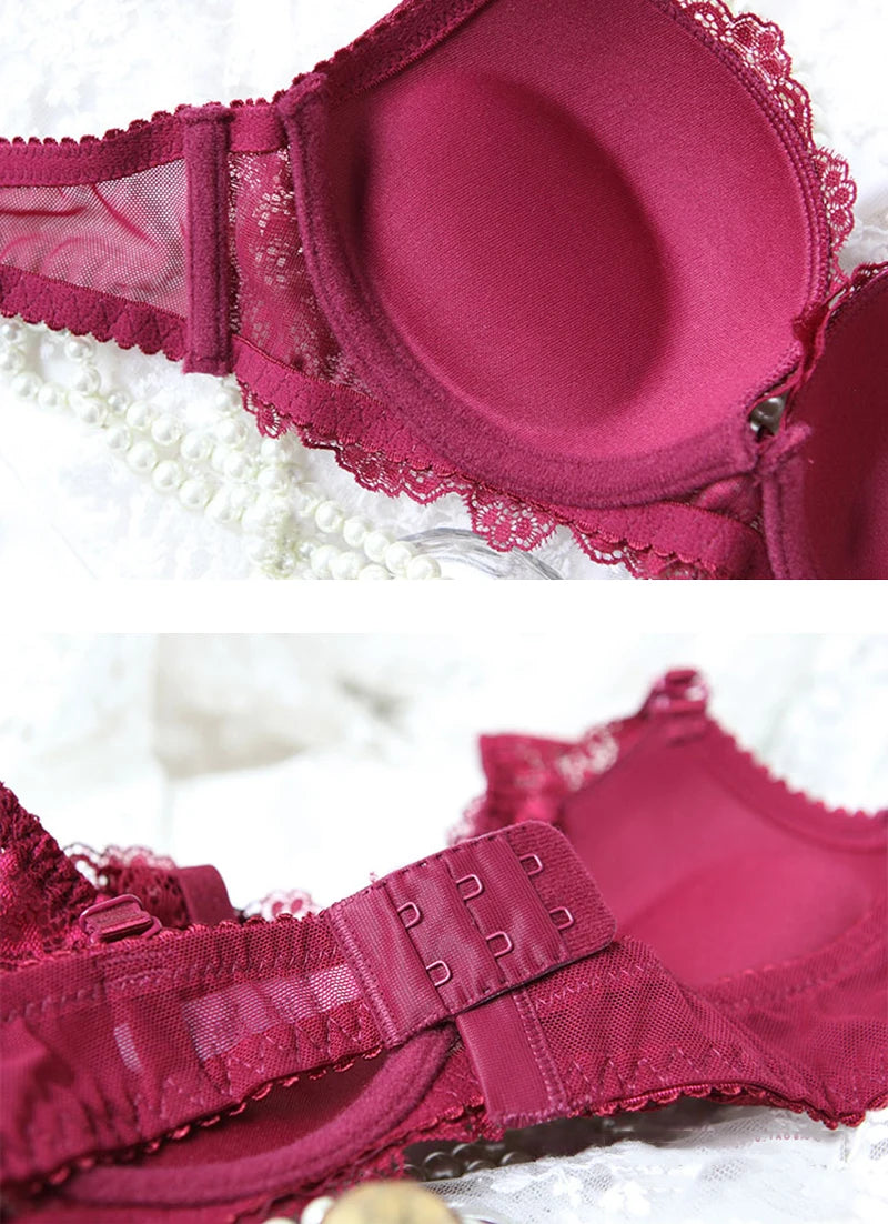 Fashion Red Lace Bra And Panty Sets For Women Thick Cotton Underwire Push Up Bras Underwear Female Sexy Lingerie Set A B C Cup