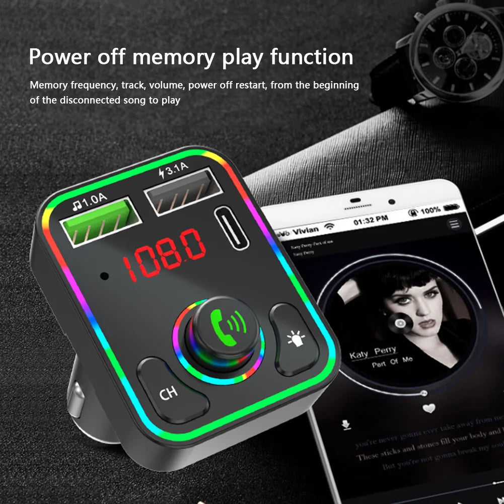2026 New Dropshipping F3 Car BT FM Transmitter Colorful LED Backlight Hands Free Car Kit Charger TF Card MP3 Player USB C PD