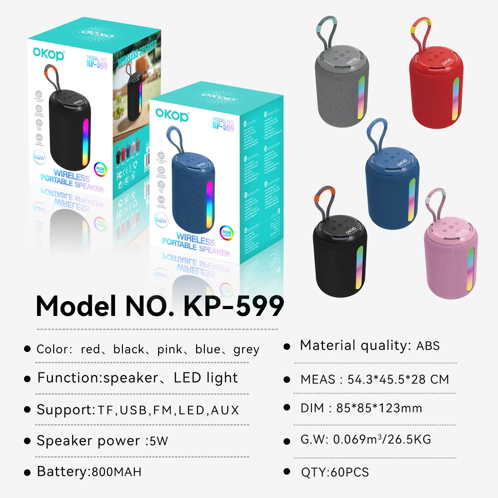 OKOP599/835 Wholesale Portable for V5.4 Speaker with RGB LED IPX-1 Waterproof 2000-3000mAh Battery-Outdoor Use