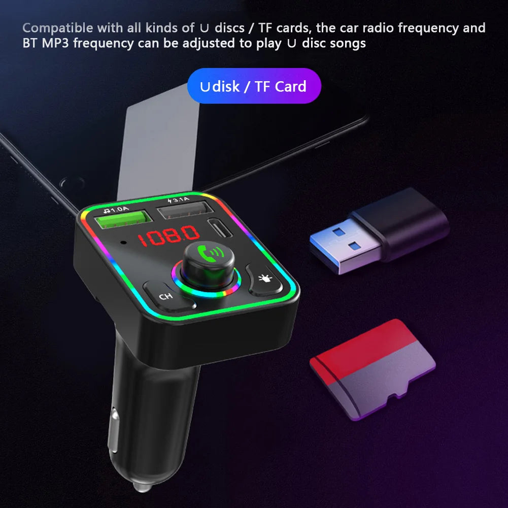 2026 New Dropshipping F3 Car BT FM Transmitter Colorful LED Backlight Hands Free Car Kit Charger TF Card MP3 Player USB C PD