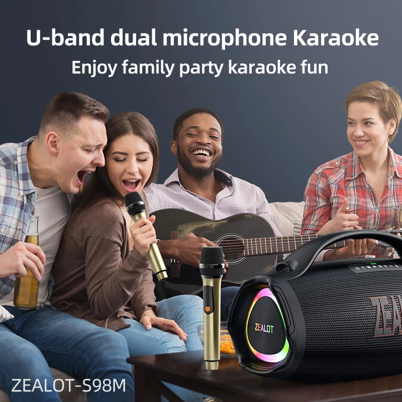 ZEALOT S98M Portable Speaker with 2 Wireless Microphones with Lights, Karaoke Microphone Supports USB/TF/AUX for Home Party