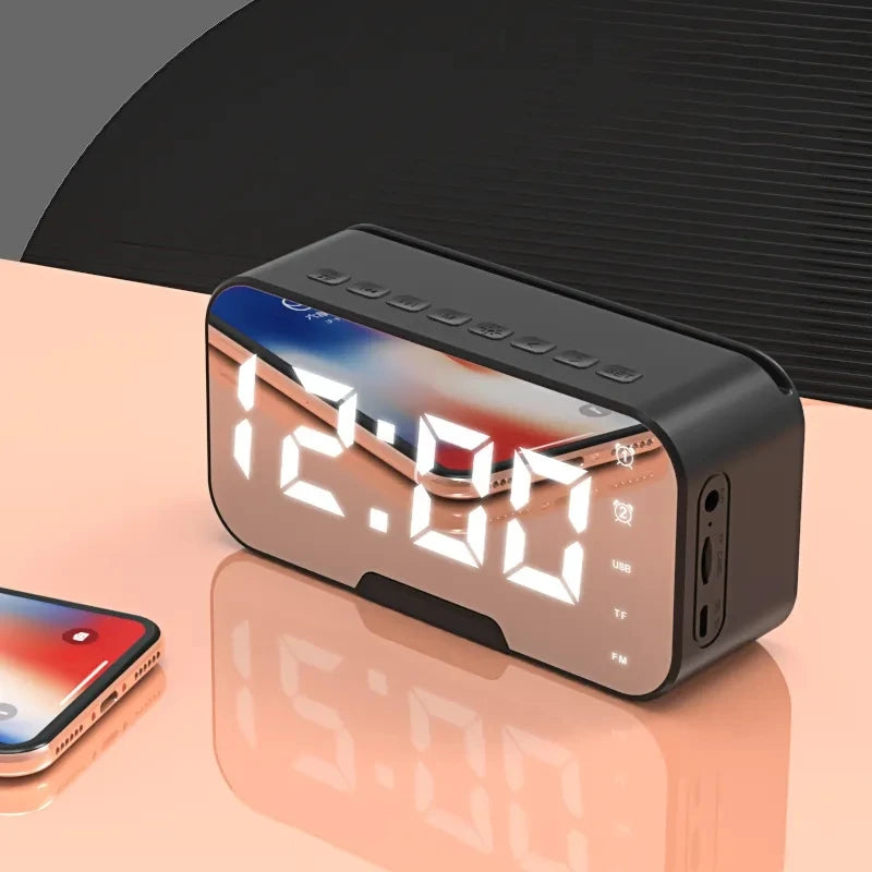 Portable for Bluetooth 5.2 Smart Alarm Clock Speaker LED Mirror with FM Radio Adjustable Home Computer Phone Holder