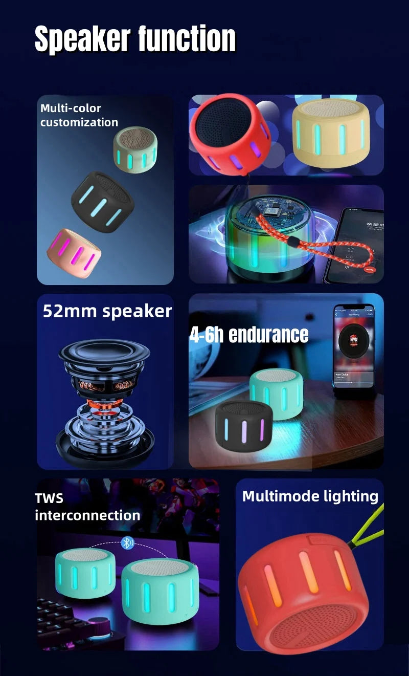 Low MOQ Silicone Superior Quality Mini Portable Waterproof RGB LED Hang Ring Loop Travel Set  V5.3 NFC BT Speakers