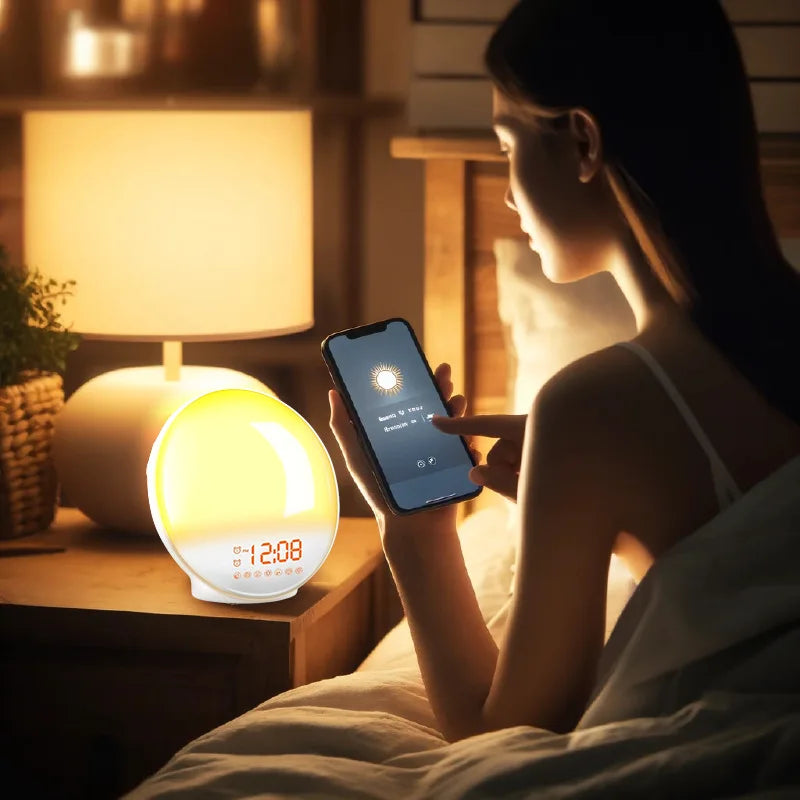 ACA01 7 Color Light Wireless Speaker Alarm Clock, FM Radio with 7 Natural Ringtones and 20-Level Brightness Sound Machine