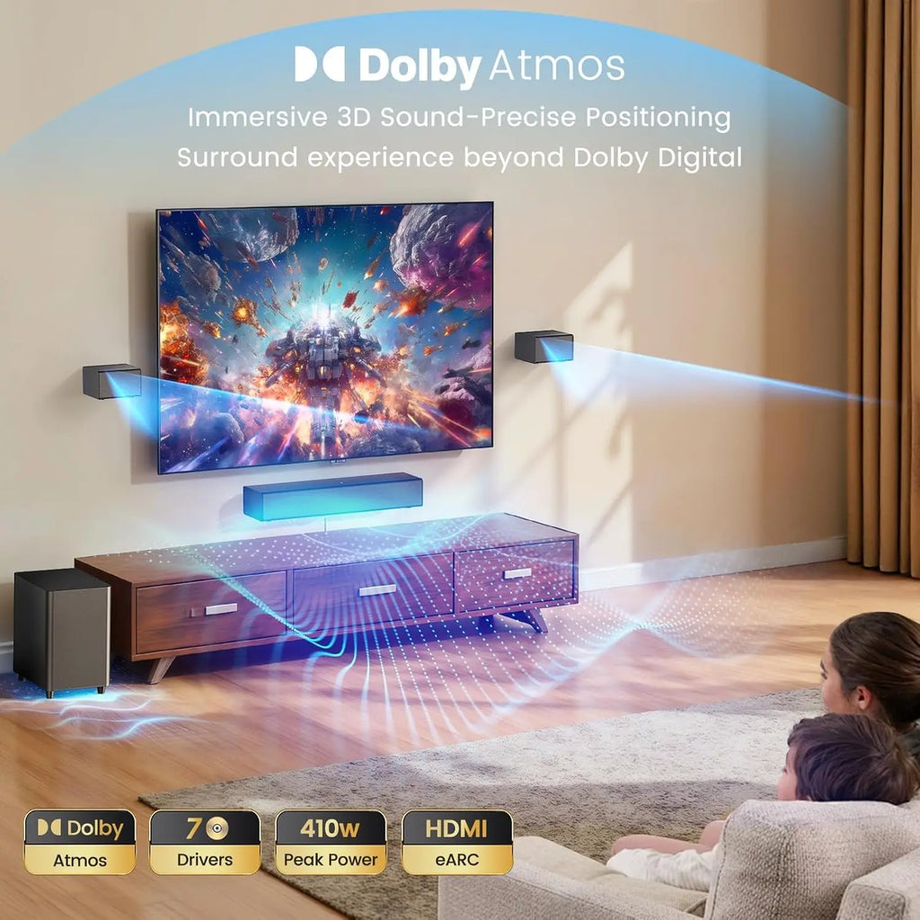 5.1CH Sound Bar with Dolby Atmos, with Wireless Subwoofer and 2 Surround Speakers, 410W Bluetooth Surround Sound System