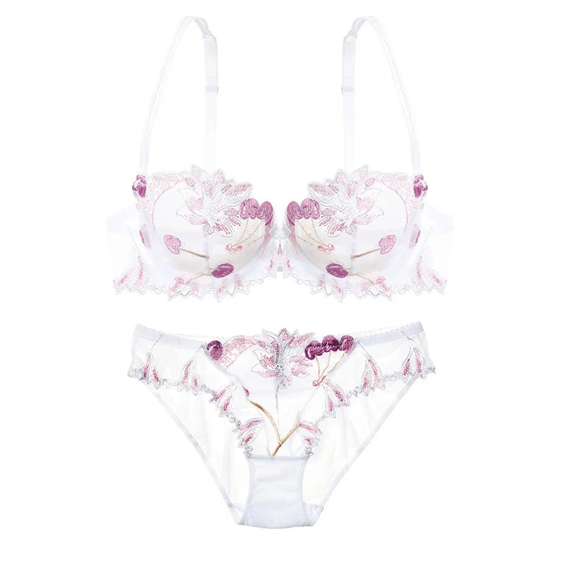 Women Sexy Bra And Panty No Padded Invisible Underwire Bra Sets Lace Embroidered Briefs Underwear Lingerie Set Plus Size 90D