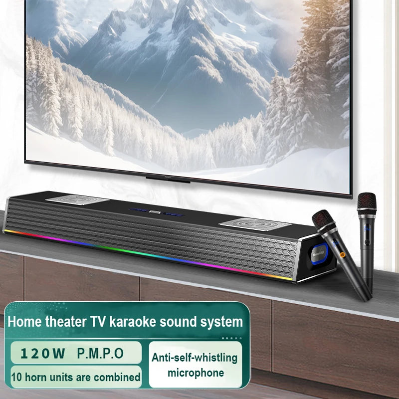 2.1CH Bluetooth Home Theater System With Built-in Subwoofer & Wireless Microphone for Family Karaoke