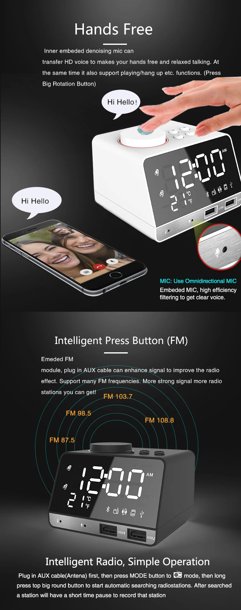 2026 NEW Alarm Clock Phone Charging Dock Station Speaker Wireless Support AUX Cable TF Card for Bedroom Student and Hotel