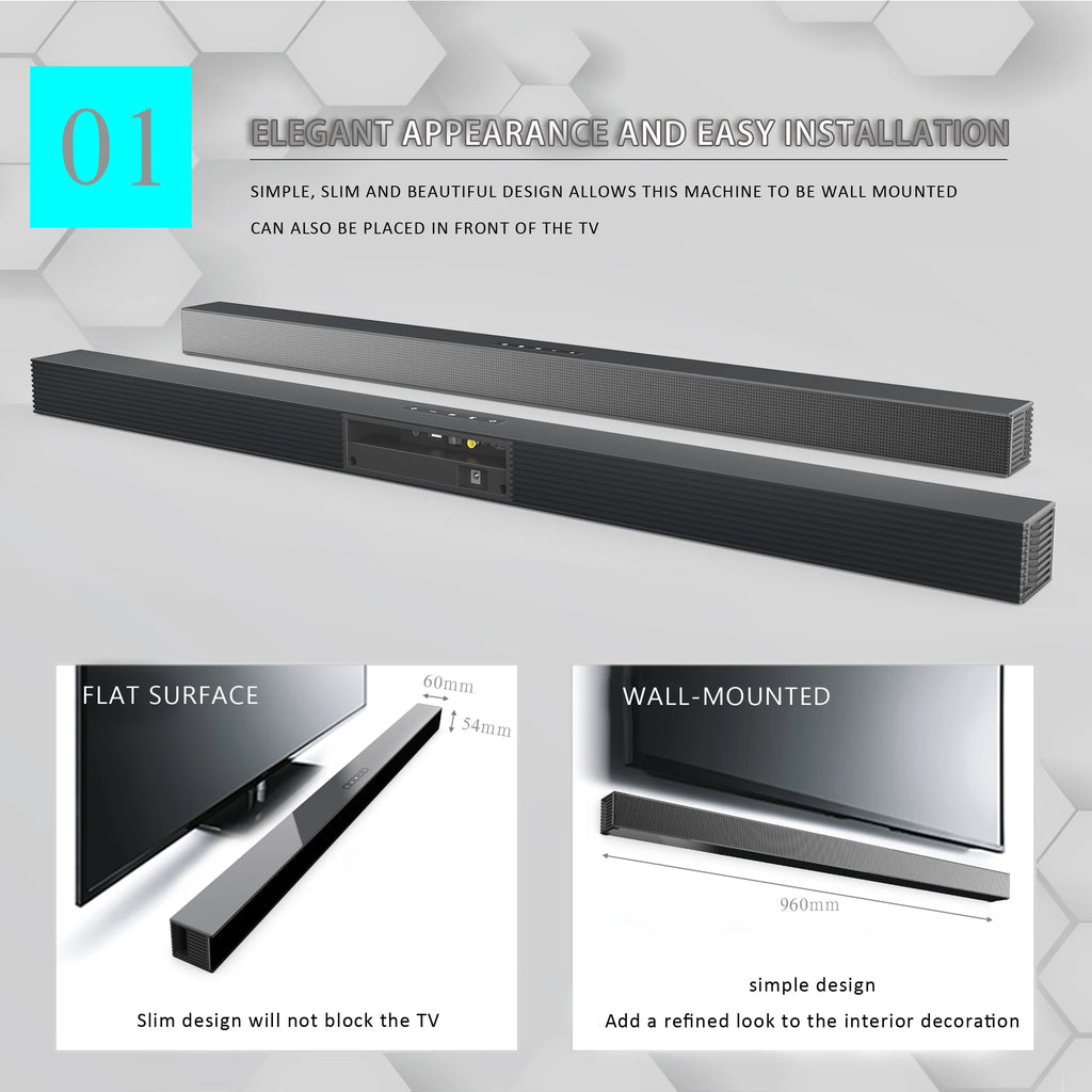 BS-18A Sound Bars for TV with FM, 54W Wireless Soundbar Speaker V5.0 Home Theater Surround Sound System TF Card/Aux/RCA