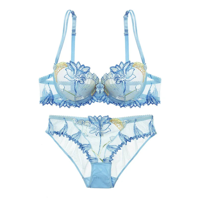 Women Sexy Bra And Panty No Padded Invisible Underwire Bra Sets Lace Embroidered Briefs Underwear Lingerie Set Plus Size 90D