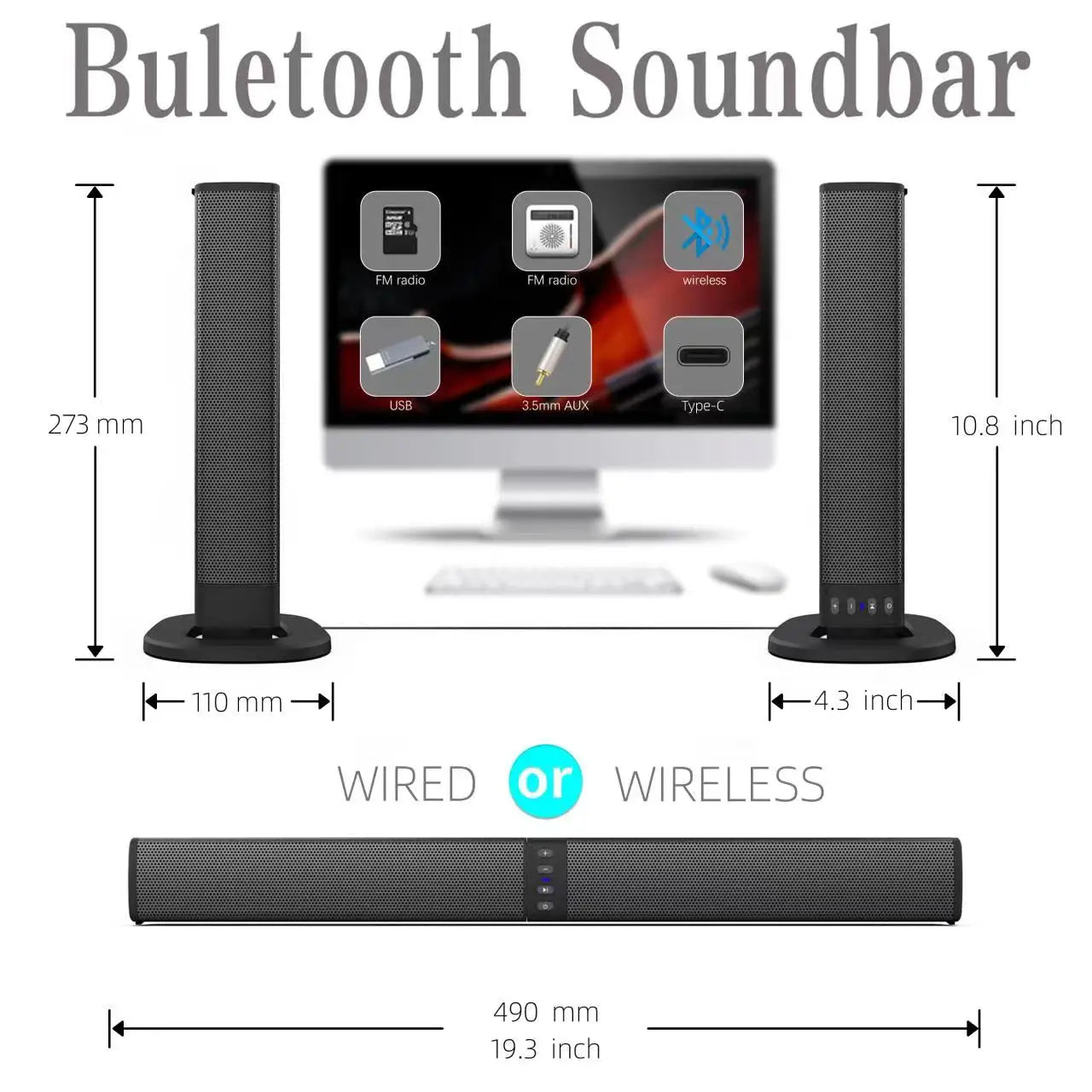 Sound Bars for TV, Wireless Speaker with FM Detachable Soundbar Home Theater Surround Sound System TF Card/Aux/RCA Connection