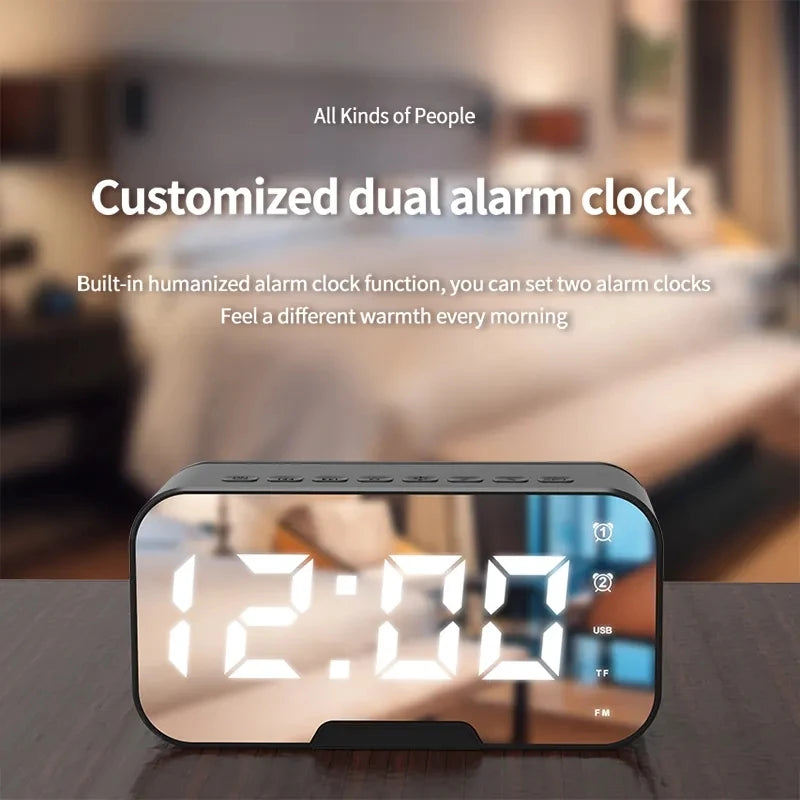 Portable for Bluetooth 5.2 Smart Alarm Clock Speaker LED Mirror with FM Radio Adjustable Home Computer Phone Holder